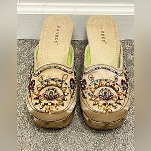 Bamboo Beaded Festival Boho Clogs Size 7.5 Chunky Platform Slip On Y2K Hippie